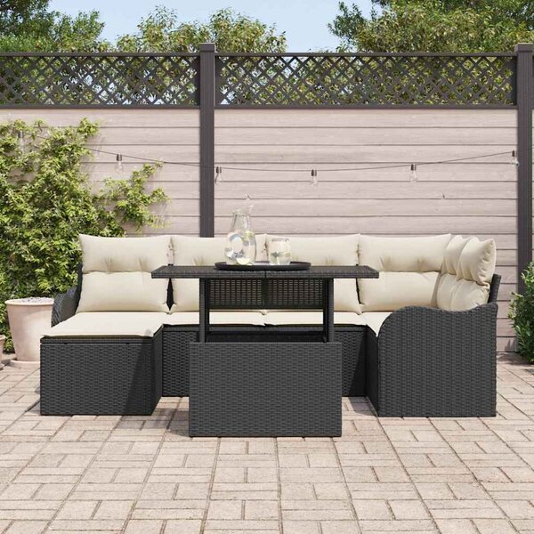 VidaXL Kerti Kanapé Szett párnával tárolóval 7 pcs Fekete Poli rattan