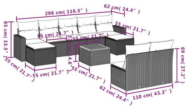 VidaXL Polyrattan Kerti Ülőgarnitúra - 10 részes - Fekete