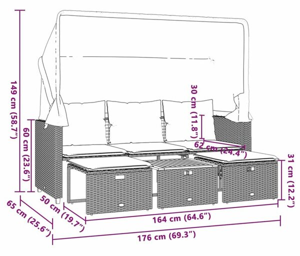 3 személyes szürke polyrattan kerti kanapé baldachinnal és székekkel