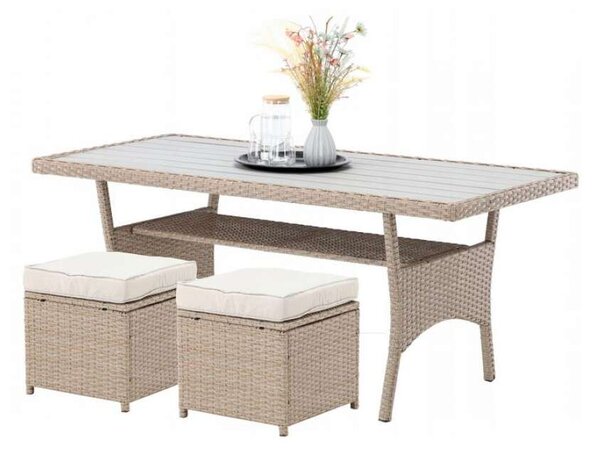 Rattan bézs színű kerti bútor szett – nagy sarokkanapé +asztal+2 puff