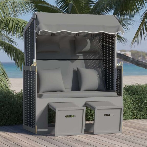 VidaXL antracitszürke-fekete polyrattan és fa strandszék párnával