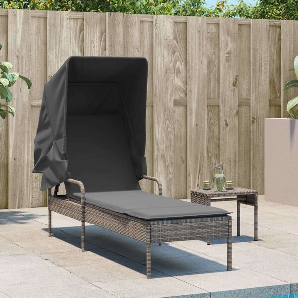 Napozóágy - Szürke Polyrattan - Tetővel - 200cm