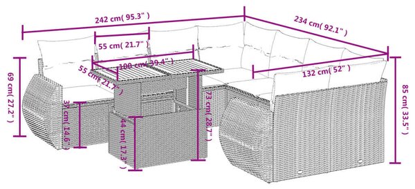 VidaXL Polyrattan Kerti Ülőgarnitúra - 9 részes - Szürke