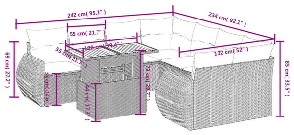 VidaXL Polyrattan Kerti Ülőgarnitúra - 9 részes - Szürke