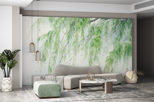 Fotótapéta Szomorúfűz ágak zöld levelek lógnak lefelé, lágy és finom ecsetvonásokkal, akvarell, Természet fotótapéta, w09365 : Uwalls.hu