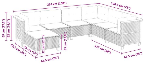 VidaXL Polyrattan Kerti Ülőgarnitúra - 7 részes - Fekete