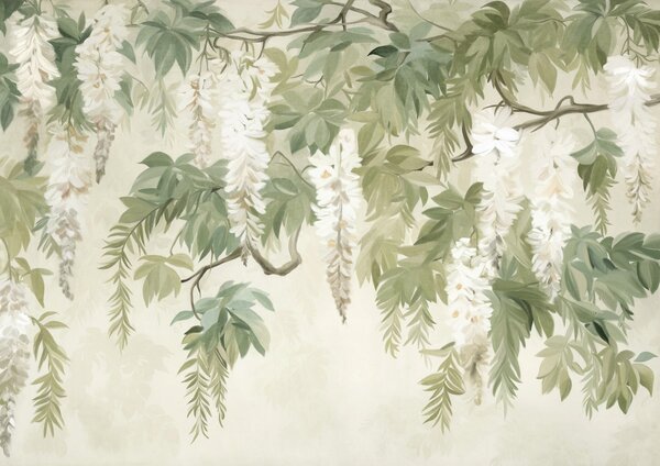 Fotótapéta Wisteria ágak fehér virágokkal és zöld levelekkel, zöld háttér, texturált vintage festmény, Természet fotótapéta, w09375 : Uwalls.hu