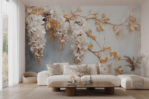 Fotótapéta Fehér wisteria virágok sárga levelekkel egy ágon, kaszkádszerűen hullámzó, Fotótapéta virágok és növények, w09381 : Uwalls.hu