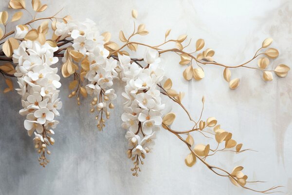 Fotótapéta Fehér wisteria virágok sárga levelekkel egy ágon, kaszkádszerűen hullámzó, Fotótapéta virágok és növények, w09381 : Uwalls.hu