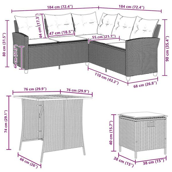 6 részes bézs polyrattan kerti ülőgarnitúra párnákkal L-alakú