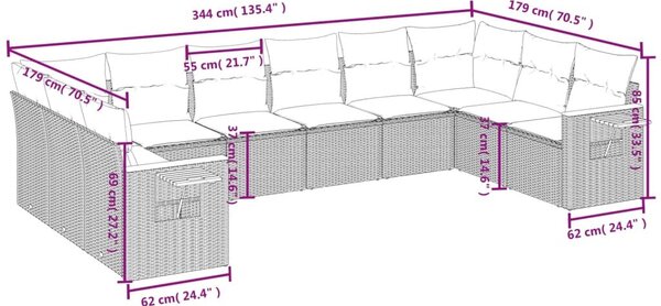 VidaXL 10 részes fekete polyrattan kerti ülőgarnitúra párnával