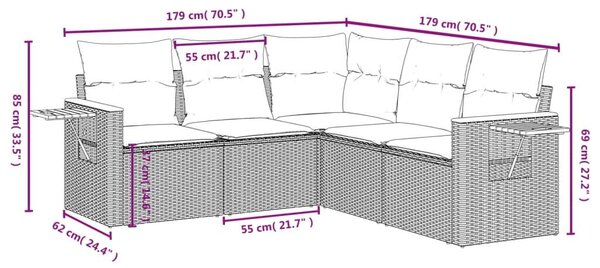 VidaXL 5 részes fekete polyrattan kerti ülőgarnitúra párnával