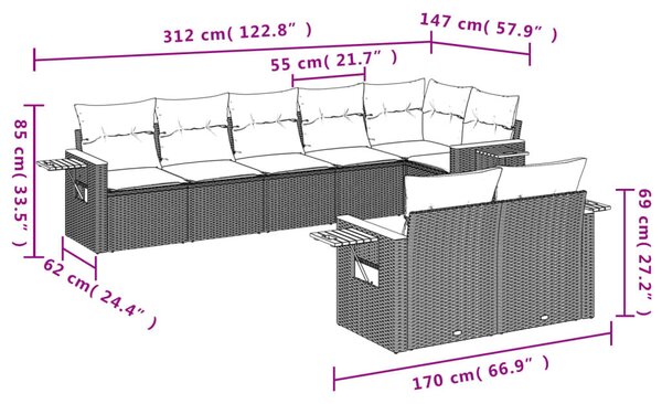 VidaXL 8 részes fekete polyrattan kerti ülőgarnitúra párnával