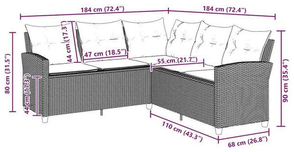 Szürke polyrattan L-alakú kanapé párnákkal