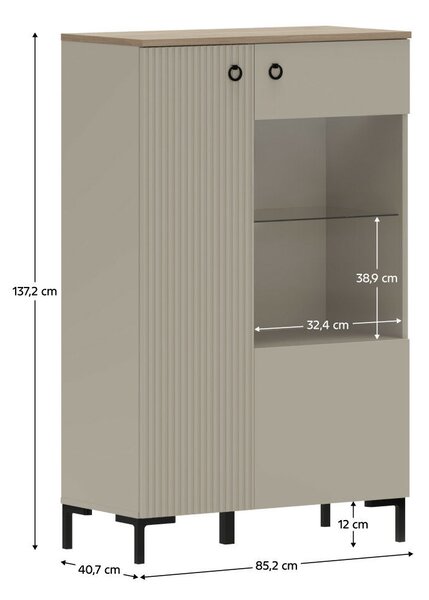 Alacsony vitrin, szürkésbarna Taupe/silverjack tölgy, DOMCA 1D1W/140