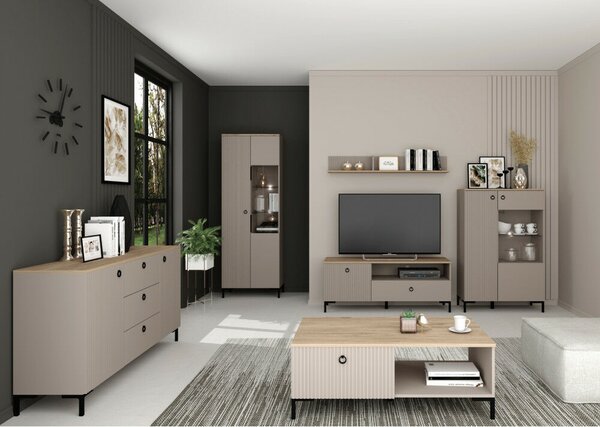 Alacsony vitrin, szürkésbarna Taupe/silverjack tölgy, DOMCA 1D1W/140