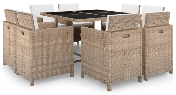 9 részes bézs polyrattan kültéri étkezőszett párnákkal