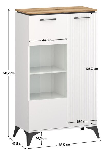 Alacsony vitrin, fehér/evoke tölgy, VELIS 1D1W
