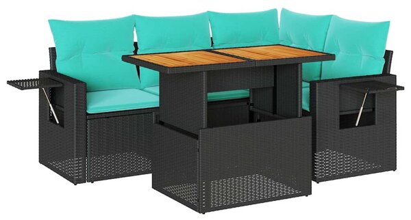 VidaXL 5 részes fekete polyrattan kerti kanapészett párnákkal