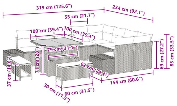 12 Részes Kerti Kanapé Szett Párnákkal Szürke Poli Rattan Akácia