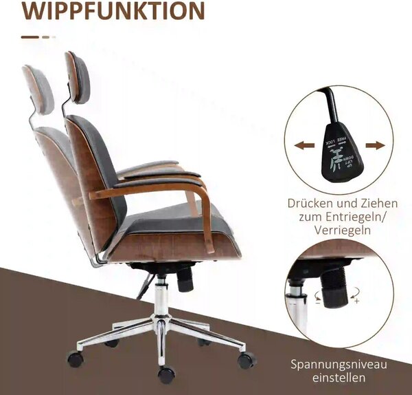Vinsetto Főnöki irodai szék, ergonomikus magas háttámlával, otthoni irodába, műbőr fekete