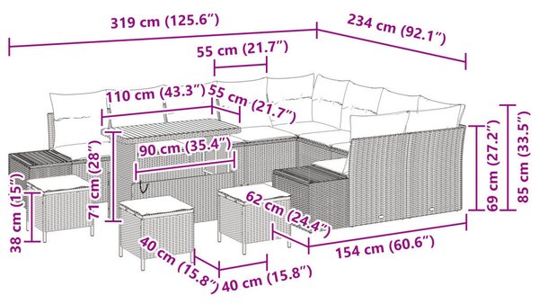 13 részes kertkanapé szett párnákkal bézs poli rattan akáccal