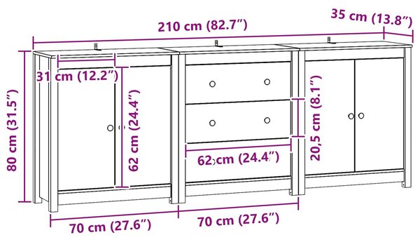 VidaXL Széf 3 db Viaszbarna 210 x 35 x 80 cm Tömör fenyő