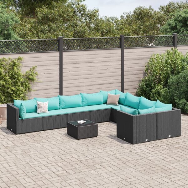 VidaXL 10 részes fekete polyrattan kerti ülőgarnitúra párnákkal