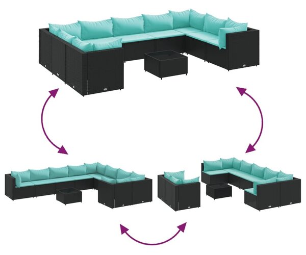 VidaXL 10 részes fekete polyrattan kerti ülőgarnitúra párnákkal