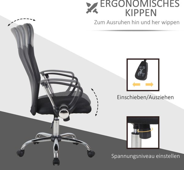 HOMCOM ergonomikus irodai szék, hintázó funkcióval, állítható magasságú, háló, fekete