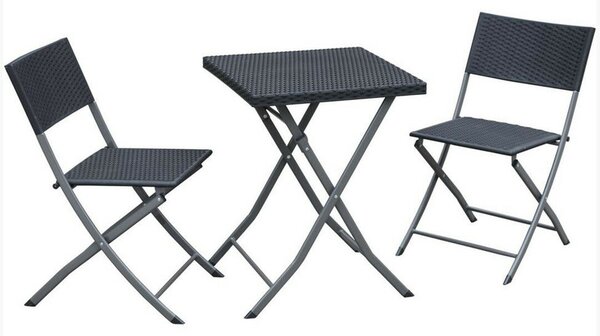 Összecsukható Polyrattan Kerti Bútor Szett - Asztal + 2 Szék, Antracit