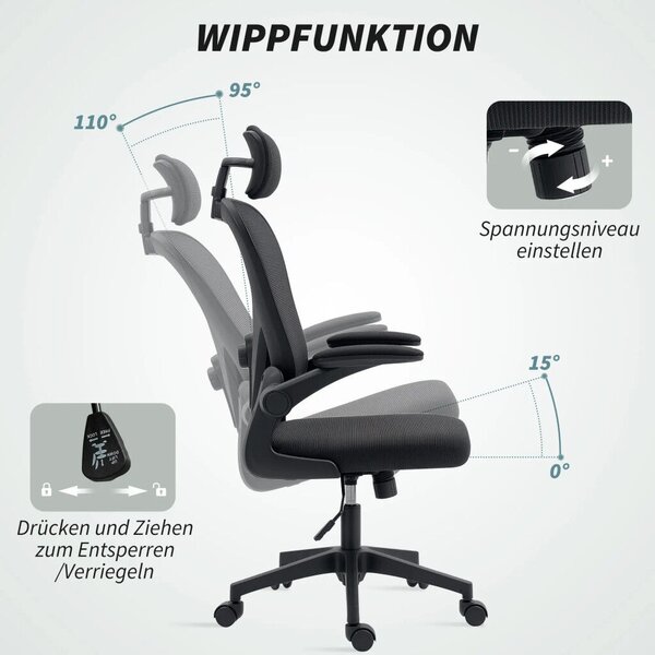 HOMCOM Ergonomikus irodai szék, felhajtható karfákkal, állítható deréktámasszal, fekete