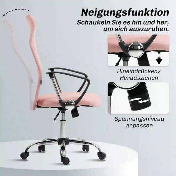 HOMCOM ergonomikus irodai szék, magasságban állítható forgószék hintafunkcióval, hálós kárpitozás, rózsaszín