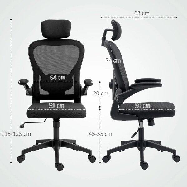 HOMCOM Ergonomikus irodai szék, felhajtható karfákkal, állítható deréktámasszal, fekete