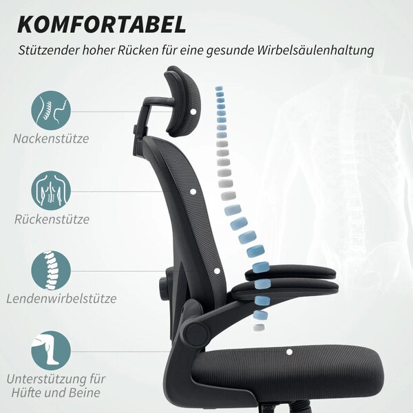 HOMCOM Ergonomikus irodai szék, felhajtható karfákkal, állítható deréktámasszal, fekete