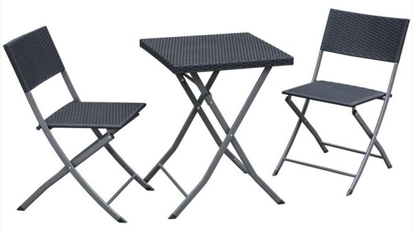 Összecsukható Polyrattan Kerti Bútor Szett - Asztal + 2 Szék, Antracit