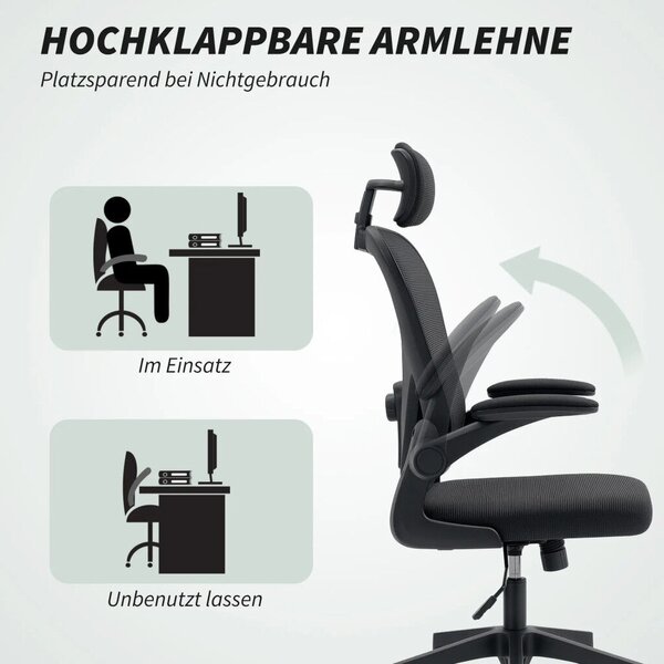 HOMCOM Ergonomikus irodai szék, felhajtható karfákkal, állítható deréktámasszal, fekete