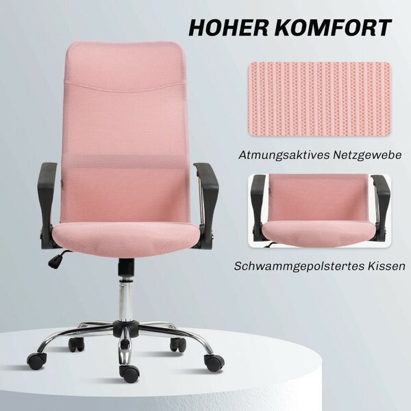 HOMCOM ergonomikus irodai szék, magasságban állítható forgószék hintafunkcióval, hálós kárpitozás, rózsaszín