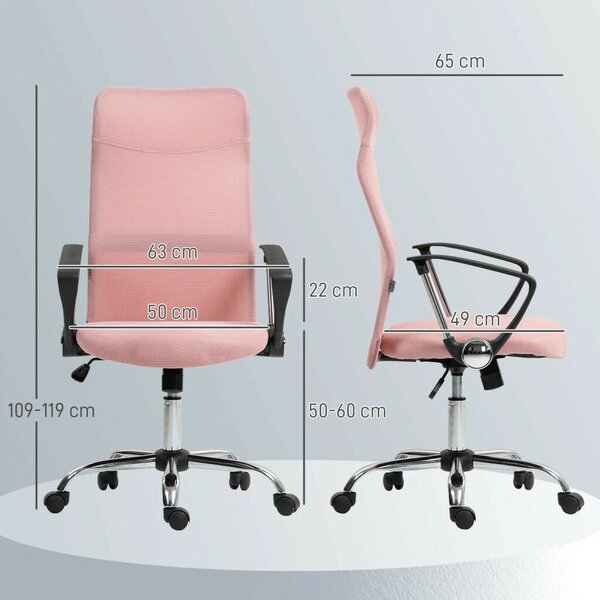 HOMCOM ergonomikus irodai szék, magasságban állítható forgószék hintafunkcióval, hálós kárpitozás, rózsaszín