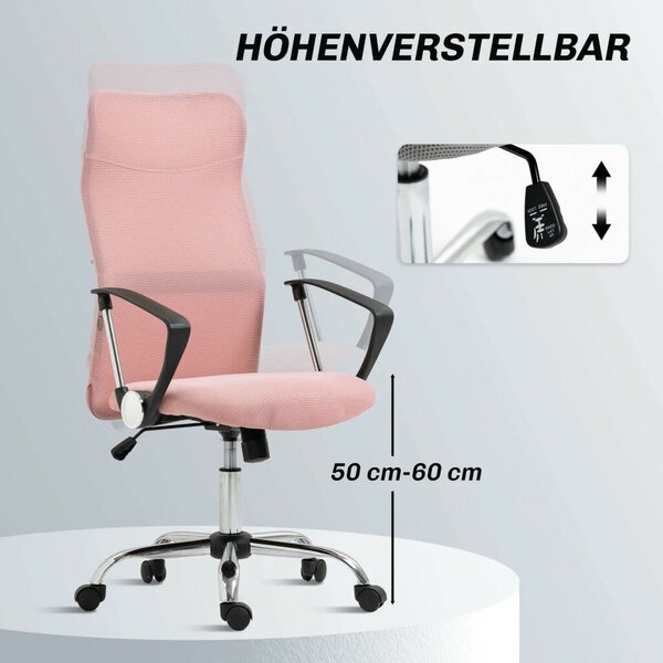 HOMCOM ergonomikus irodai szék, magasságban állítható forgószék hintafunkcióval, hálós kárpitozás, rózsaszín