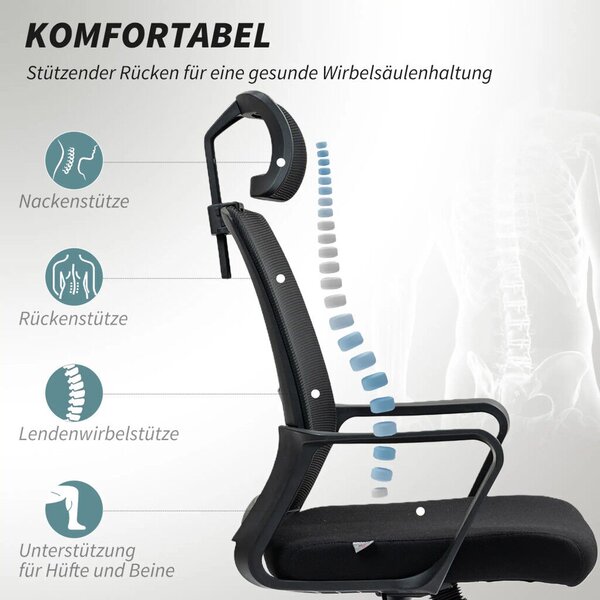 HOMCOM Ergonomikus irodai szék, forgószék, hálószövet fekete