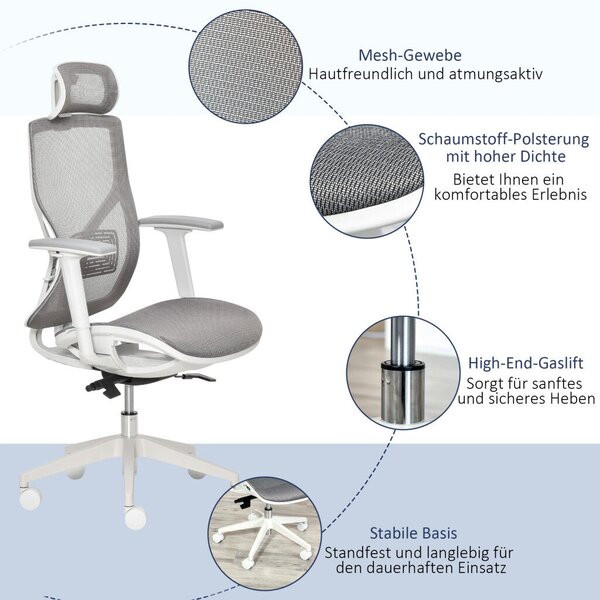 Vinsetto Ergonomikus irodai szék, derékpárna, 3D kartámaszok, ergonomikus, hálós szövet, szürke