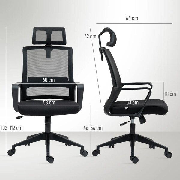 HOMCOM Ergonomikus irodai szék, forgószék, hálószövet fekete