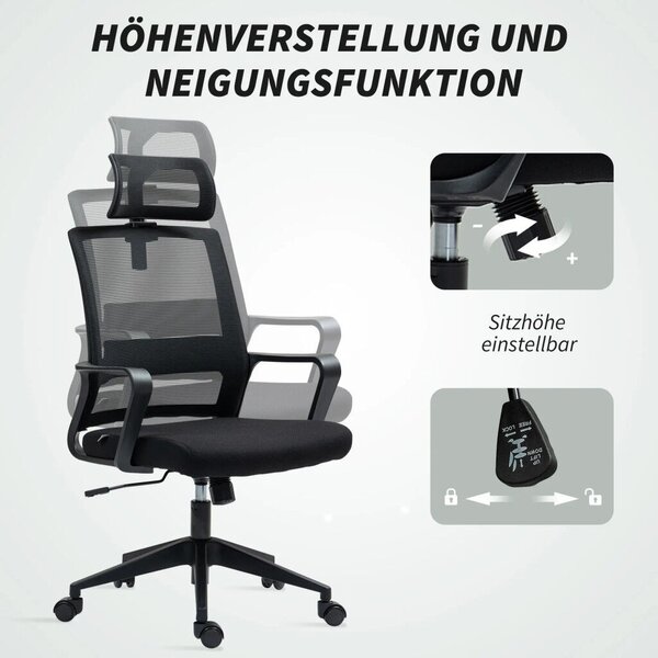 HOMCOM Ergonomikus irodai szék, forgószék, hálószövet fekete