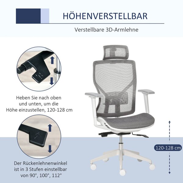 Vinsetto Ergonomikus irodai szék, derékpárna, 3D kartámaszok, ergonomikus, hálós szövet, szürke