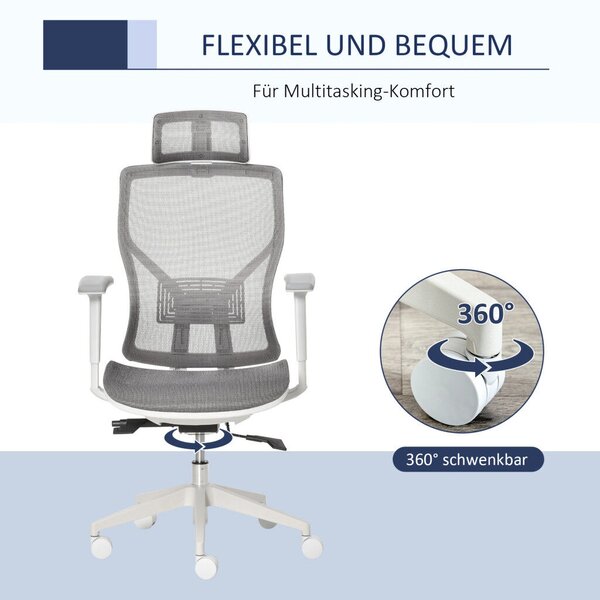 Vinsetto Ergonomikus irodai szék, derékpárna, 3D kartámaszok, ergonomikus, hálós szövet, szürke