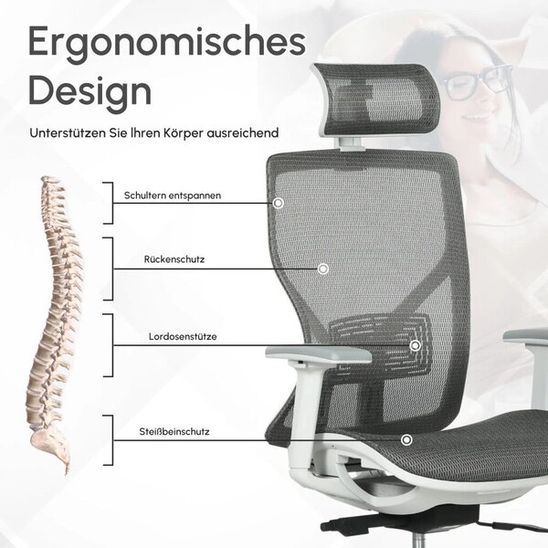 Vinsetto Ergonomikus irodai szék, derékpárna, 3D kartámaszok, ergonomikus, hálós szövet, szürke