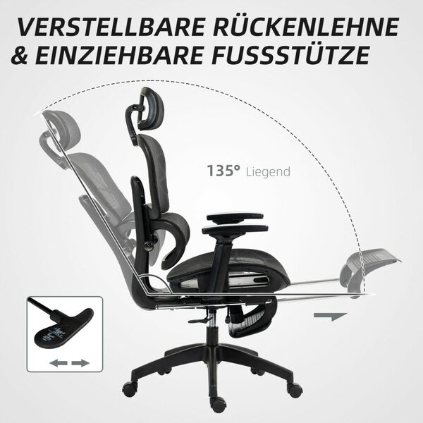 HOMCOM Ergonomikus irodai szék, hálós szövettel, állítható 3D, karfákkal és fejtámlával, fekete