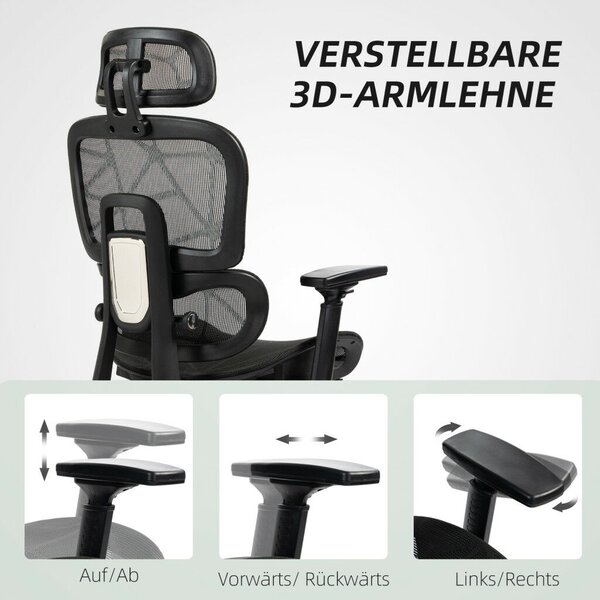 HOMCOM Ergonomikus irodai szék, hálós szövettel, állítható 3D, karfákkal és fejtámlával, fekete