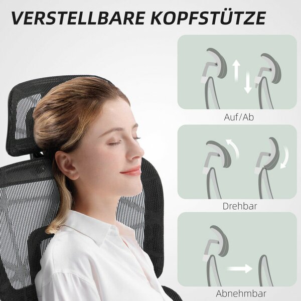 HOMCOM Ergonomikus irodai szék, hálós szövettel, állítható 3D, karfákkal és fejtámlával, fekete